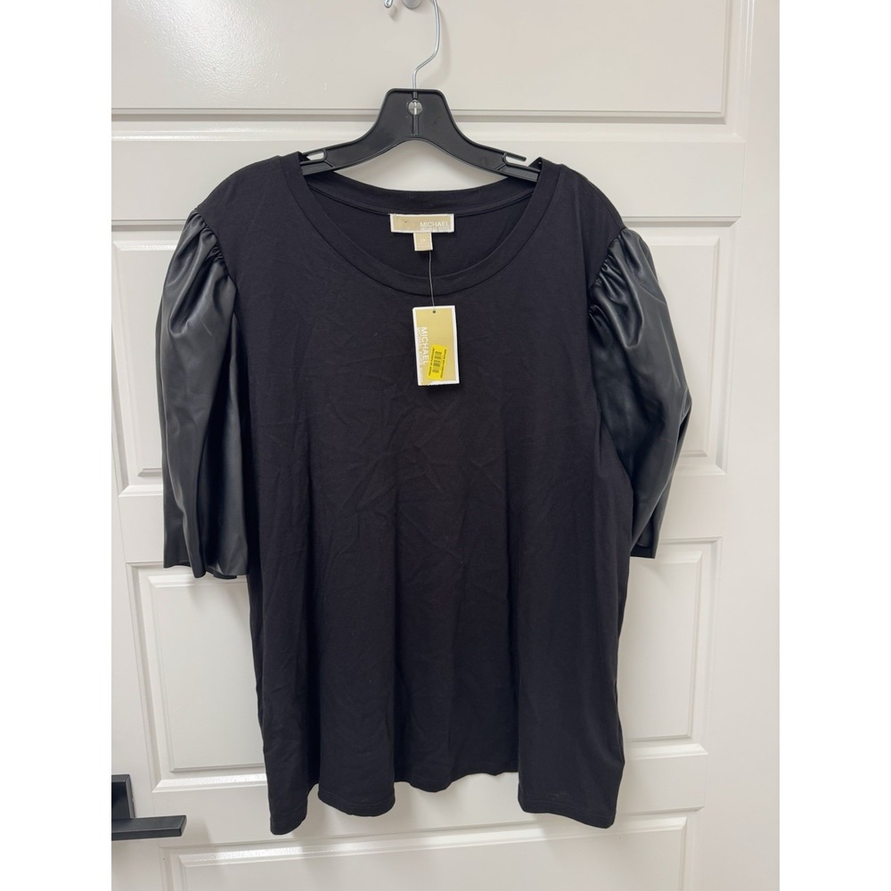 Michael Kors Women 2X Black Top Blouse Faux Leather Sleeves NWT